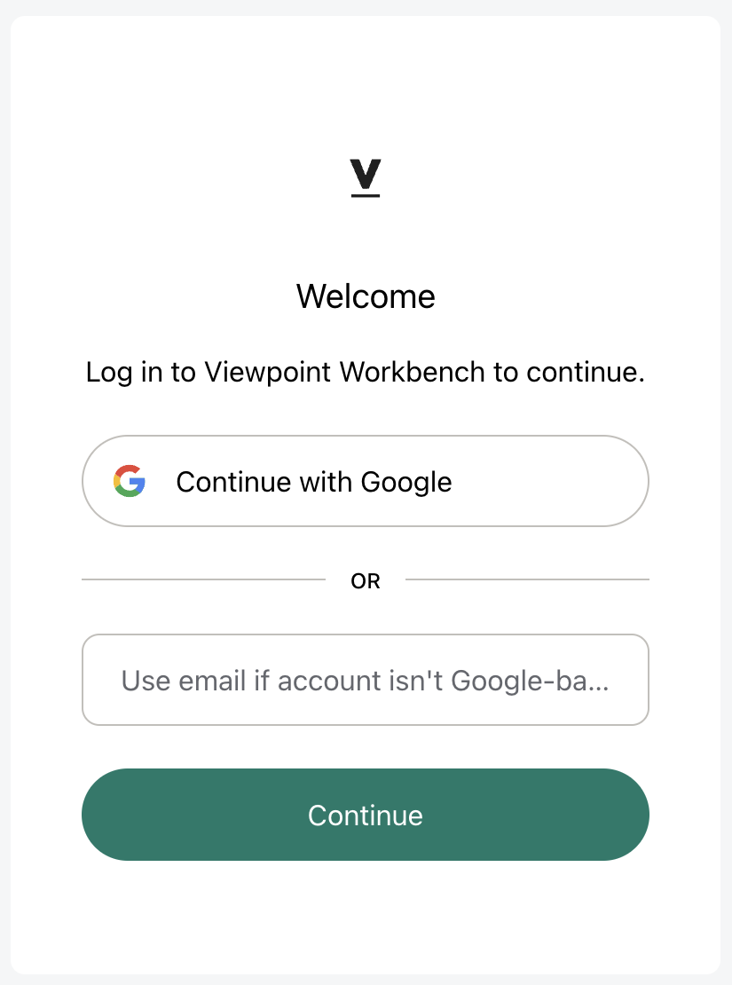 Screenshot of Verily Workbench login dialog showing 'Continue with Google' button and email address input option.