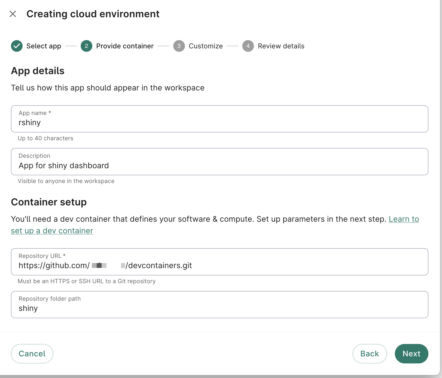 Screenshot of Provide container dialog where the 'rshiny' custom environment is created, the second step when creating a new custom cloud environment.