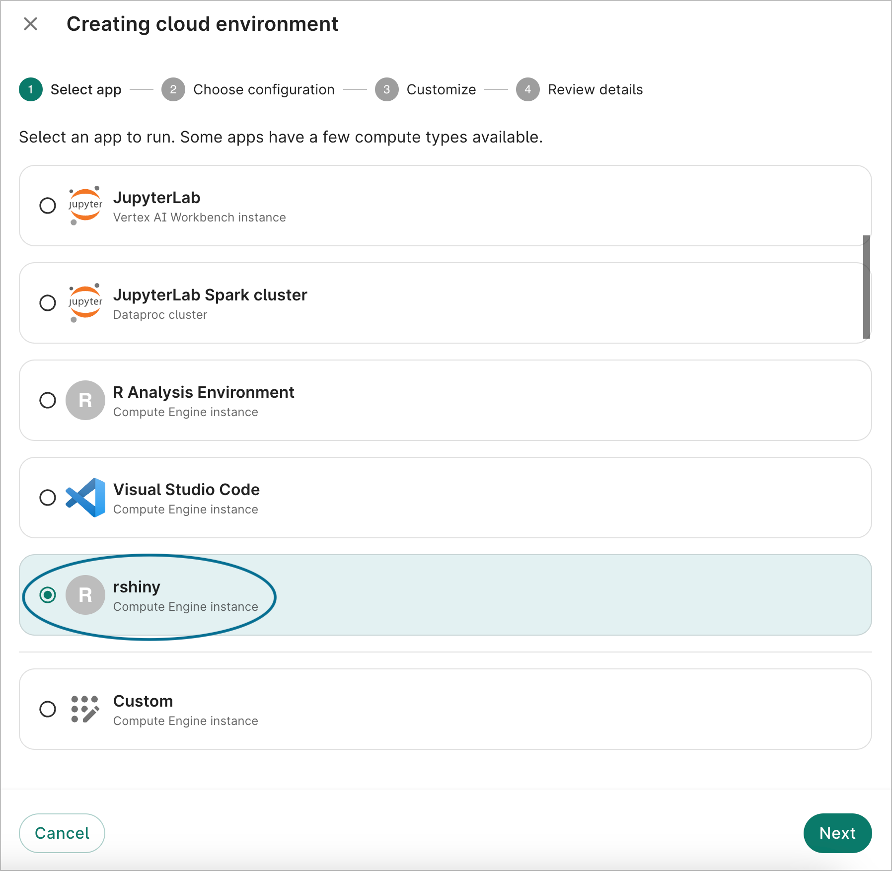 Screenshot of Select app dialog highlighting the custom rshiny environment.