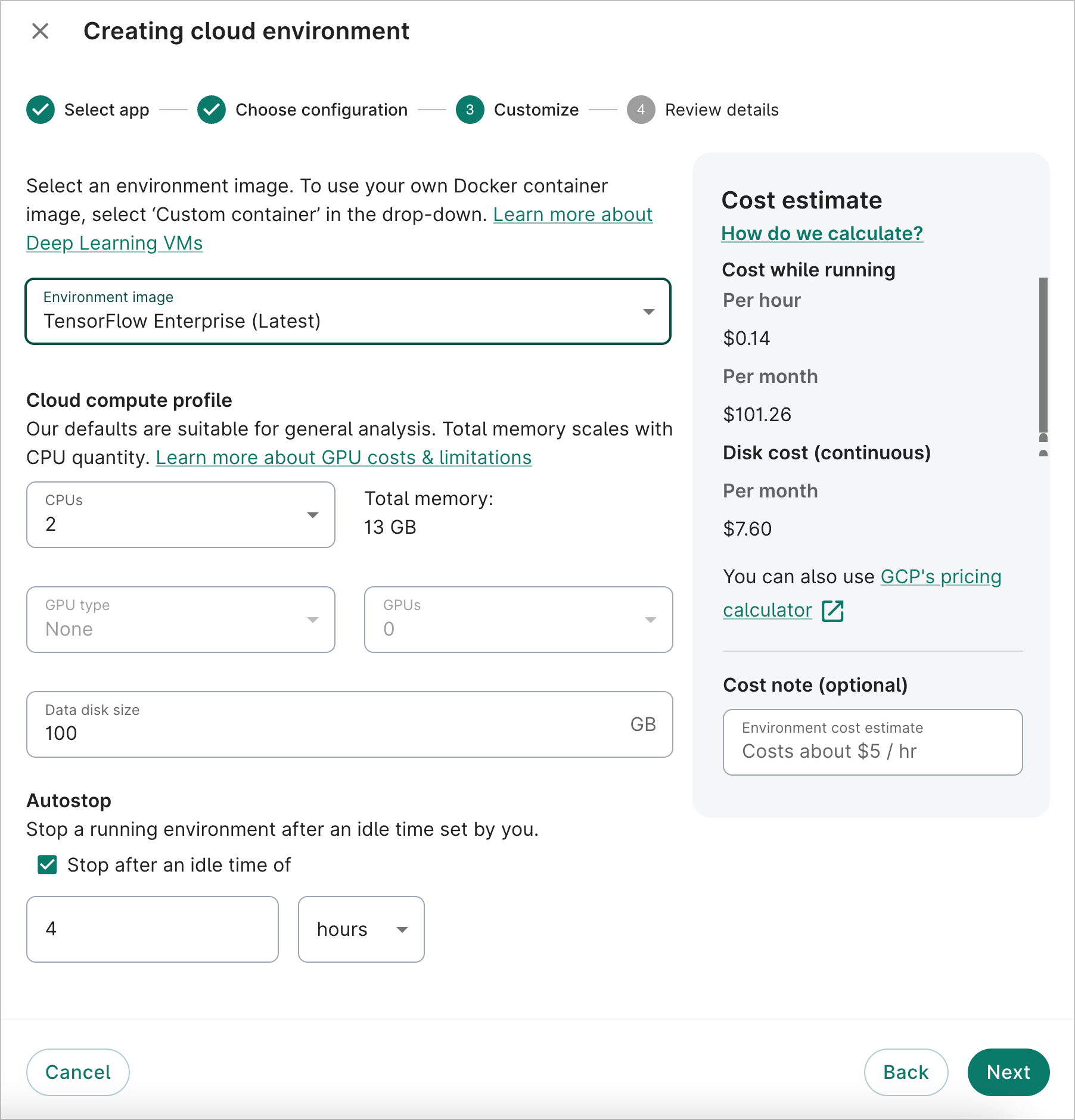 Screenshot of Customize dialog, the third step when creating a new cloud environment.