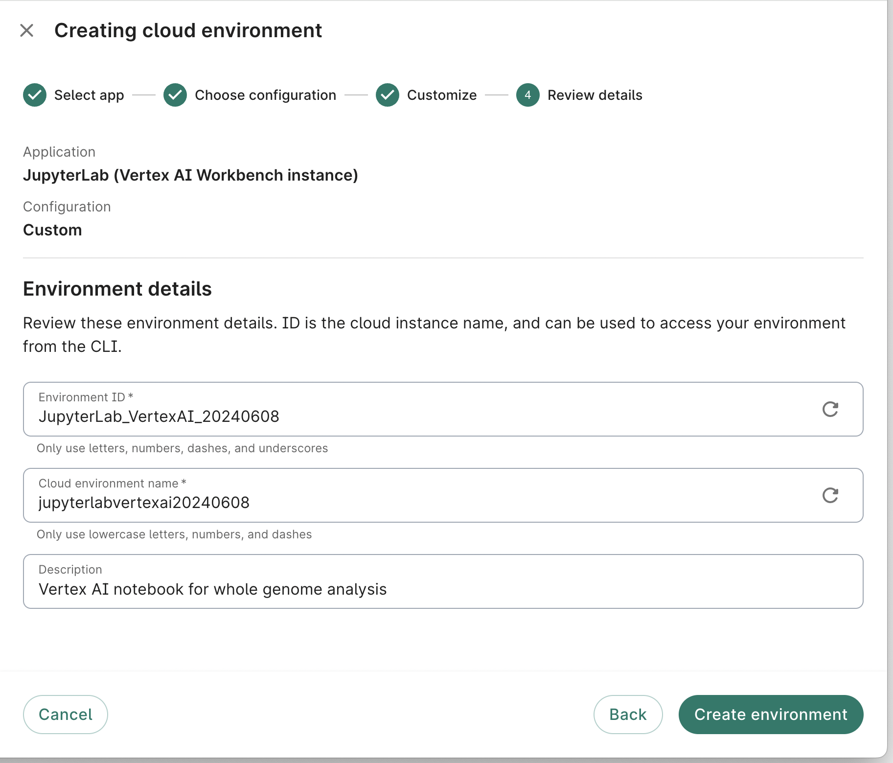 Screenshot of Review details dialog, the last step when creating a new cloud environment.