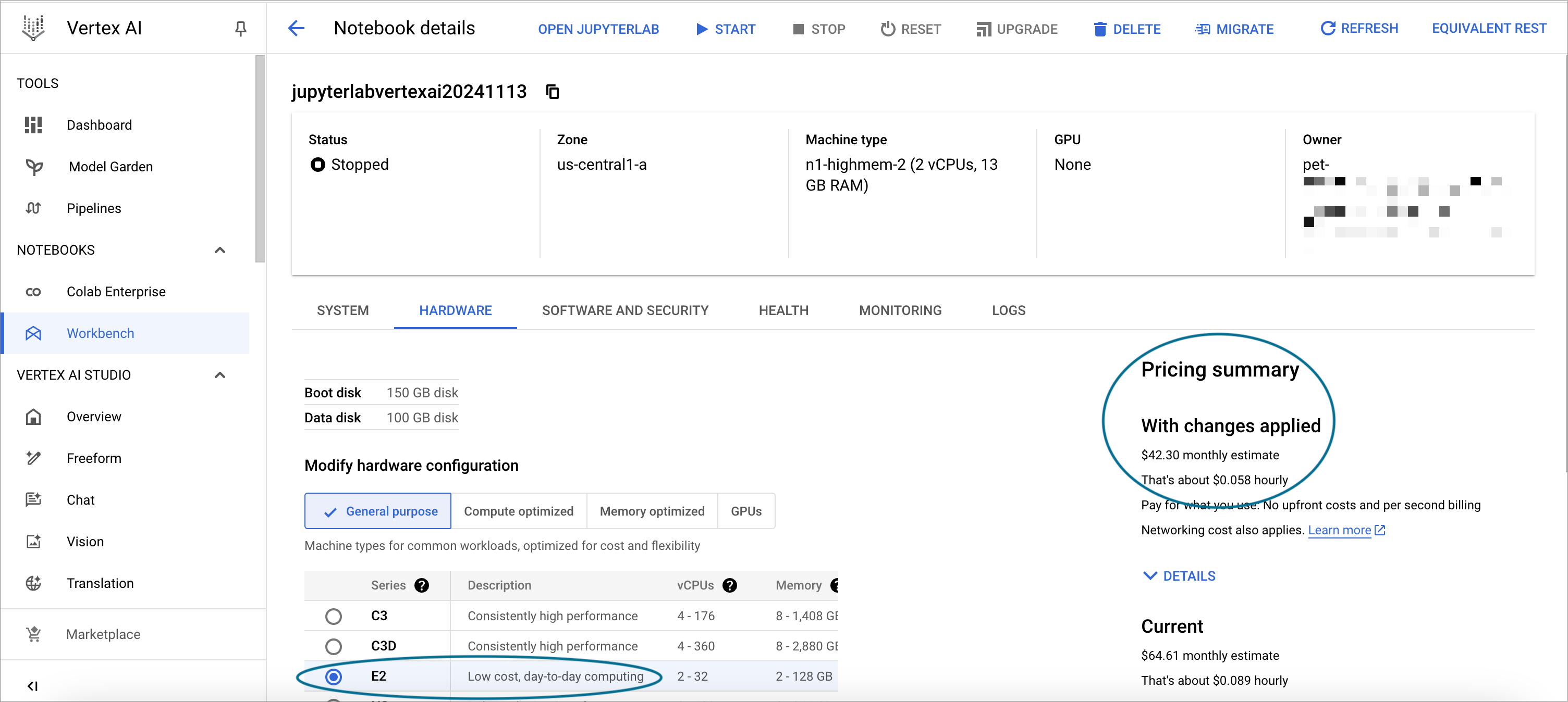 Screenshot of a Workbench cloud environment with its cost estimate highlighted in Google Cloud console.