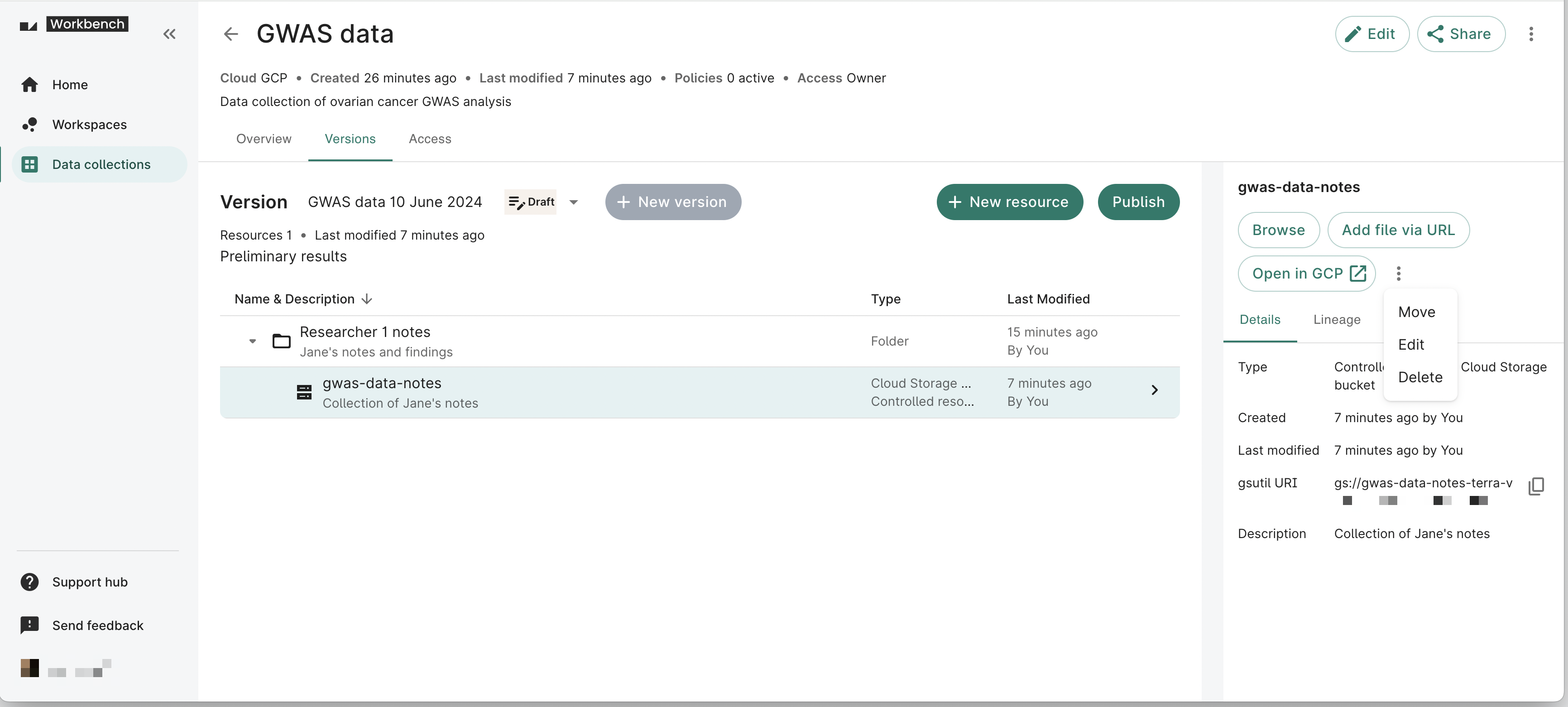 Screenshot of Versions tab of a data collection, showing details of a newly created bucket and the location of the Move, Edit, and Delete options.