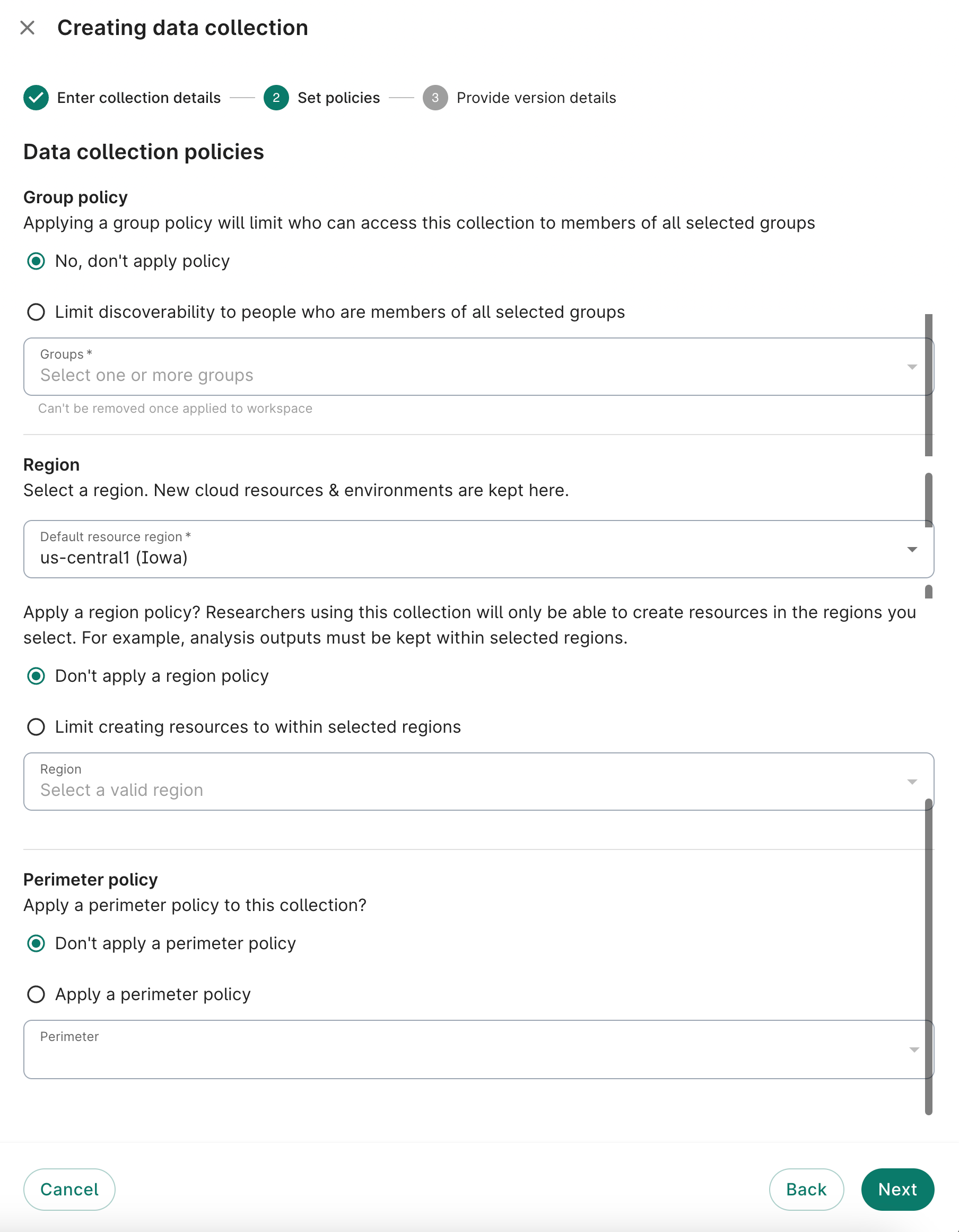 Screenshot of Set policies dialog, the second step when creating a data collection.