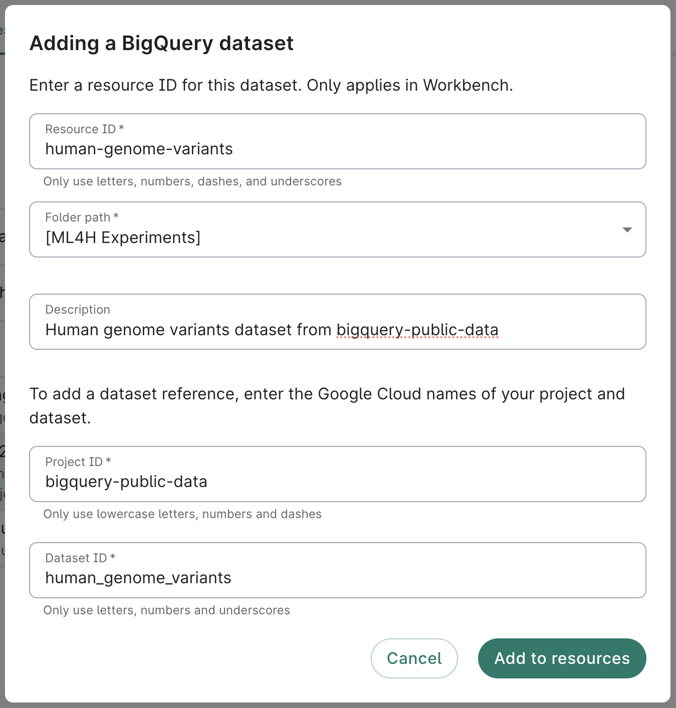 Screenshot of the Adding a BigQuery dataset dialog.