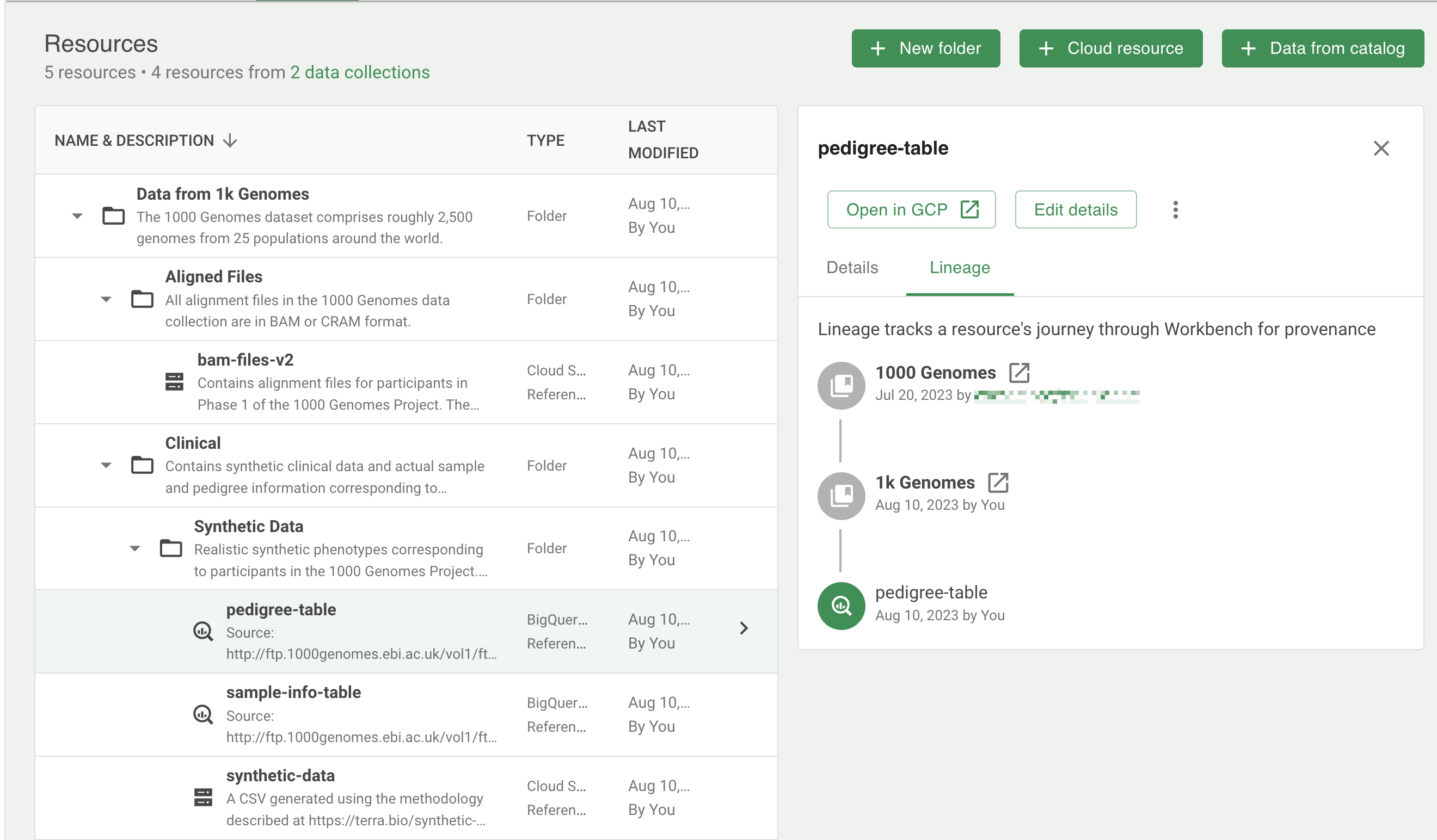Screenshot of a list of resources, with the pedigree-table resource selected and showing its lineage information.