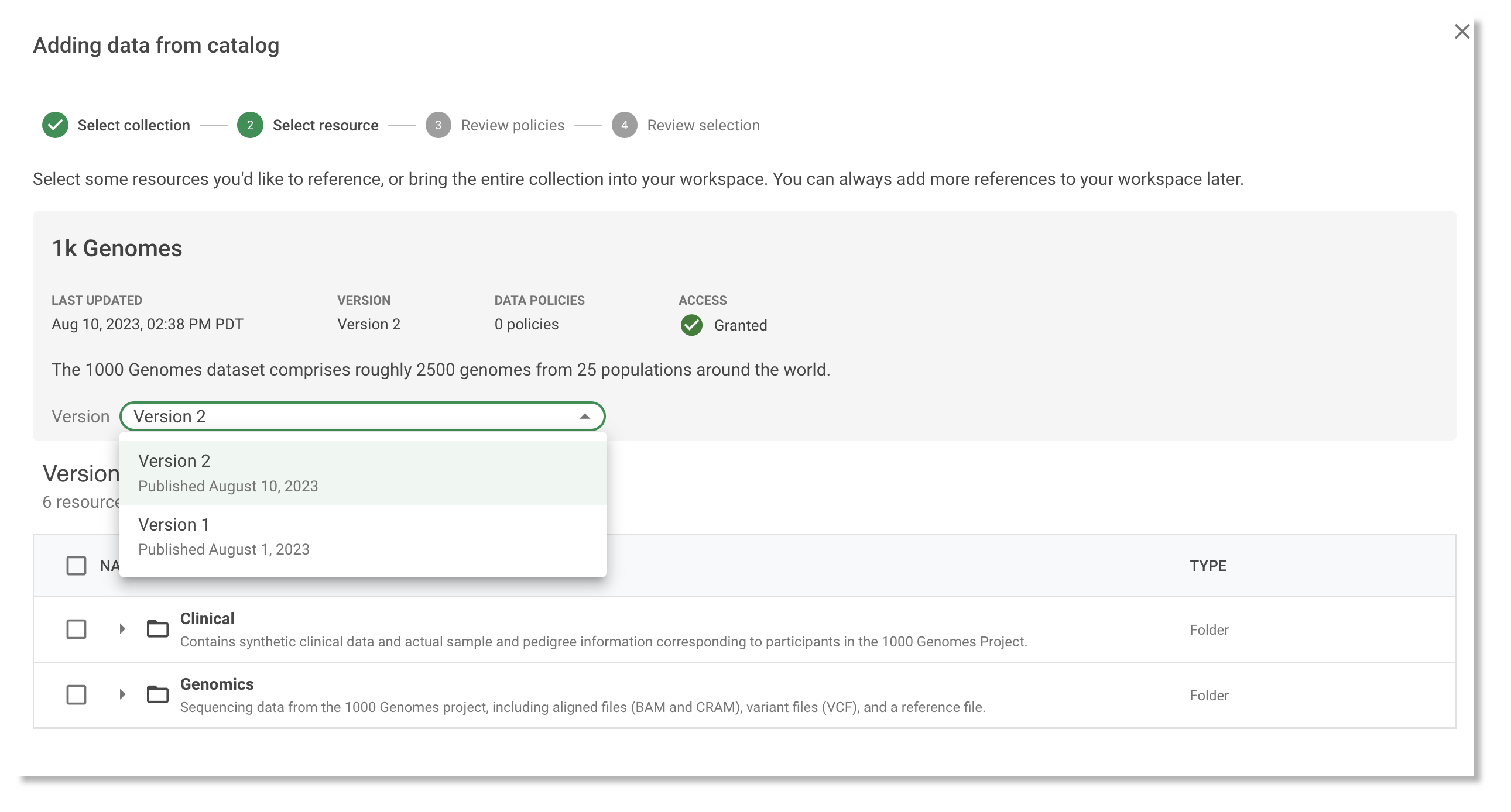 Screenshot of the Select resource dialog, the second step when adding a data collection from the data catalog. It highlights selecting a specific version.