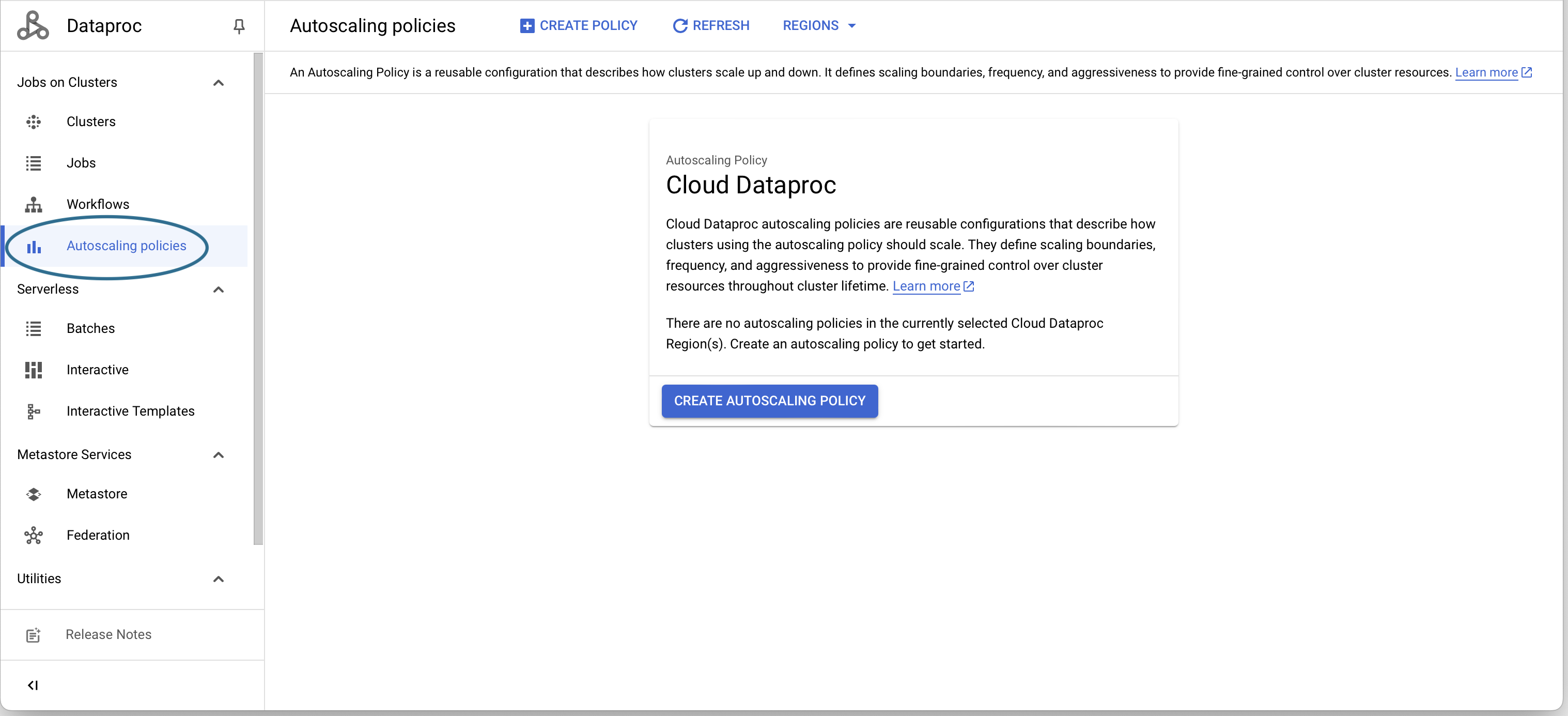 Screenshot of Autoscaling policies page in Google Cloud console, with 'Autoscaling policies' link highlighted in left menu.