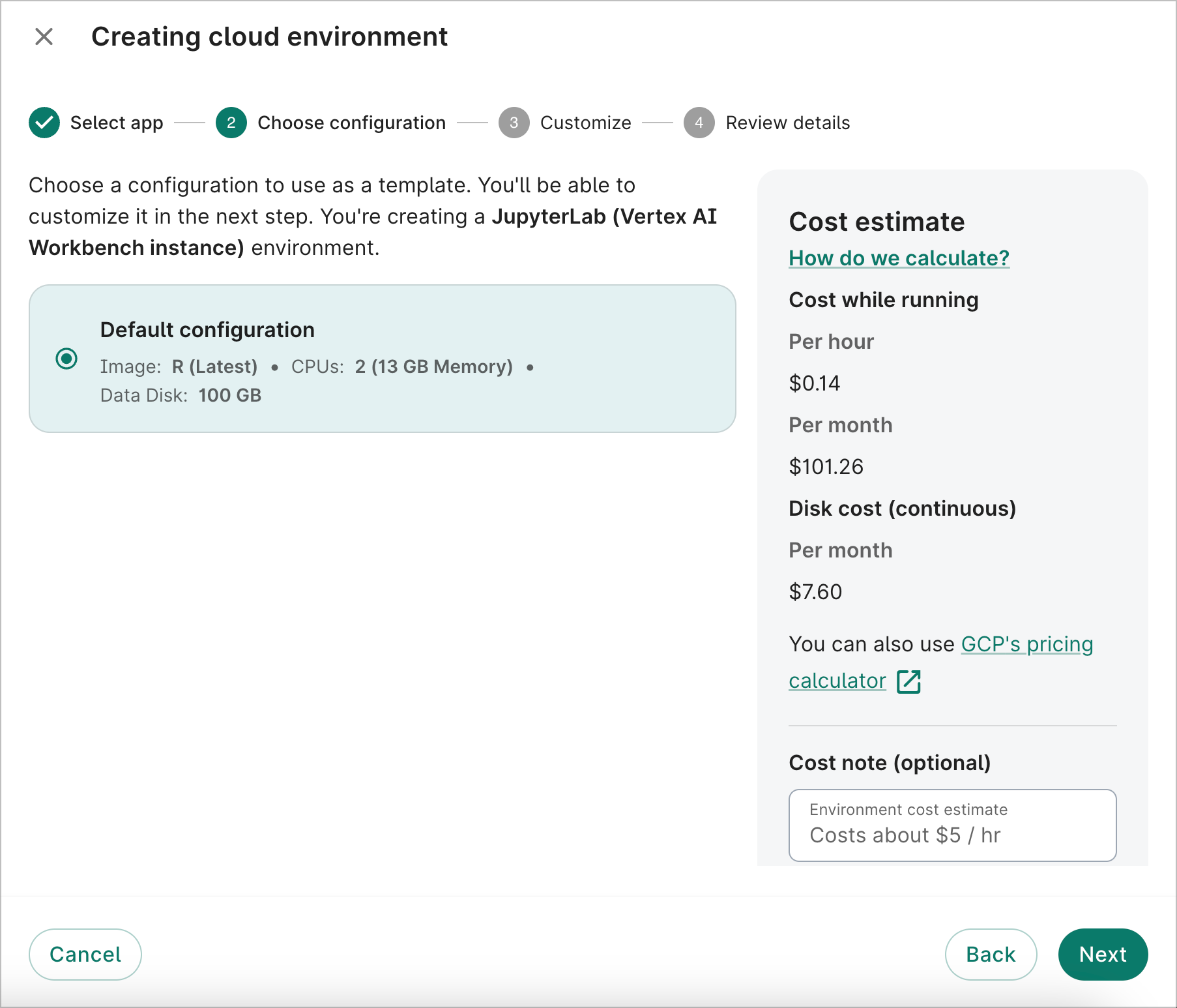 Screenshot of the Choose configuration step in the Creating cloud environment dialog.