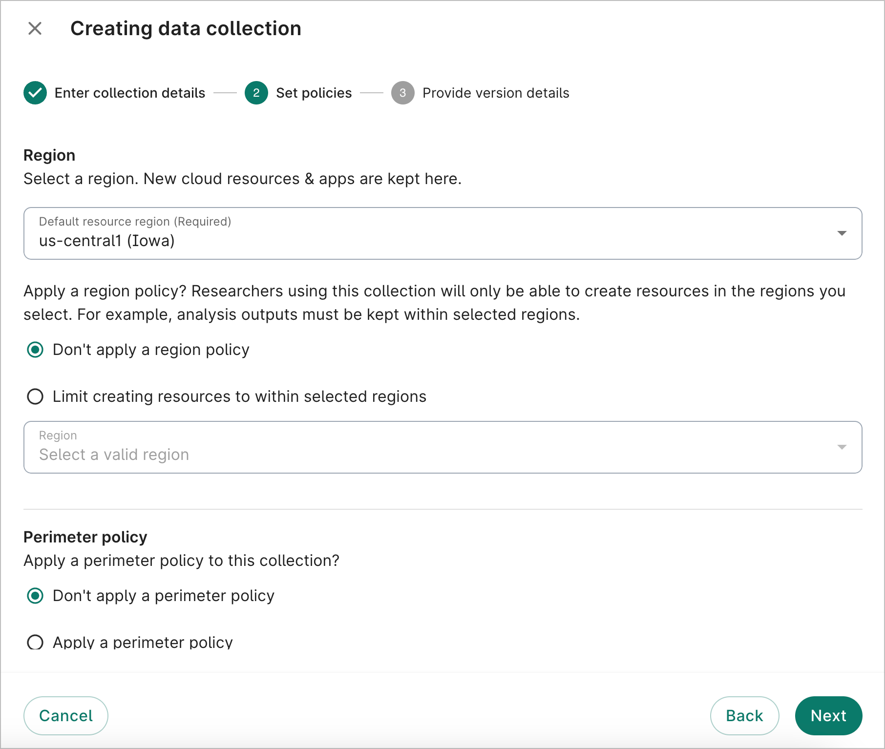 Screenshot of Set policies dialog that asks if the user wants to add a region policy.