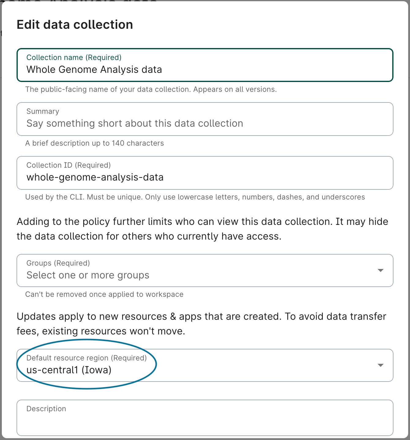 Screenshot of Edit data collection dialog that shows the default resource region dropdown.