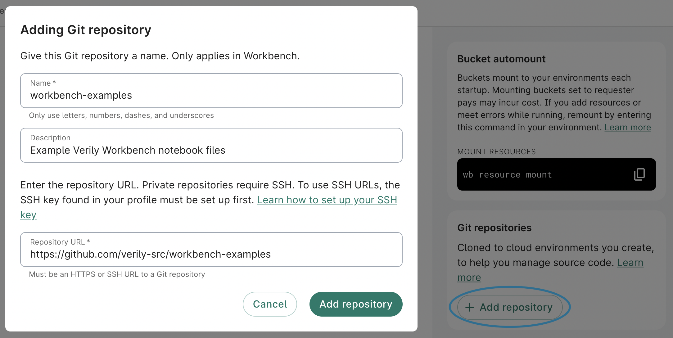 Screenshot of 'Adding Git repository' dialog, with 'Add repository' button highlighted on a workspace's Environments page.